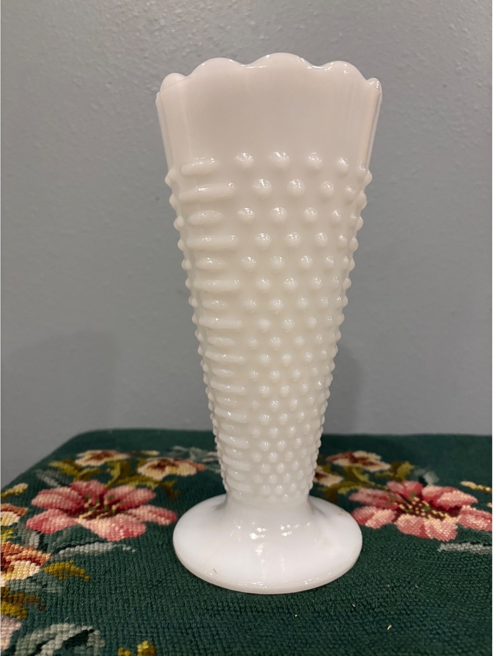 Vintage Milk Glass Hobnail Vase Tall Scalloped Rim White Glass Tall Vase
